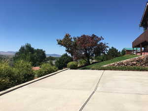 View of patio featuring a mountain view