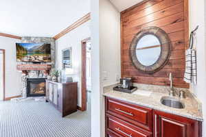 Bathroom with vanity, ornamental molding, a stone fireplace, a textured wall, and carpet floors