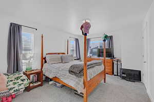 Bedroom featuring light colored carpet