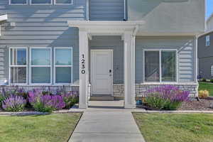 View of exterior entry with a lawn and stone siding