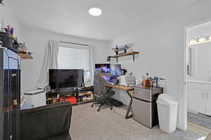Home office with light colored carpet and a sink
