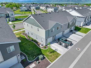 Aerial perspective of suburban area with mountains