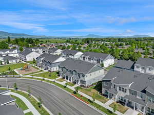 Aerial view of residential area with mountains