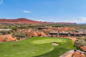 Aerial view of mountains and a golf club