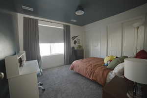 Carpeted bedroom featuring multiple closets and baseboards