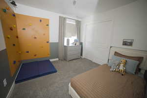 Carpeted bedroom featuring a closet and and fun rock climbing wall.