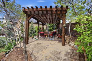 Fenced backyard with a patio, a pergola, and outdoor dining area