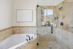 Full bath with a bath and a stall shower