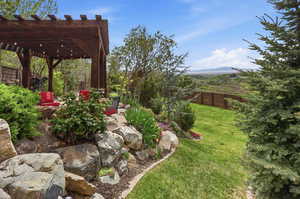 Fenced backyard featuring a patio and a pergola