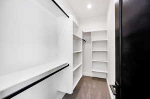 Walk in closet featuring dark colored carpet