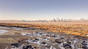 Aerial view of residential area with a mountain backdrop
