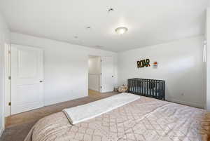 Bedroom with carpet and a nursery area
