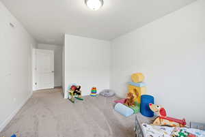 Recreation room featuring carpet floors and a textured ceiling
