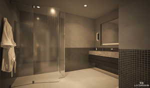 Full bathroom with walk in shower, vanity, recessed lighting, wainscoting, and tile walls