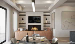 Dining room featuring built in shelves, a fireplace, beam ceiling, wood finished floors, and recessed lighting