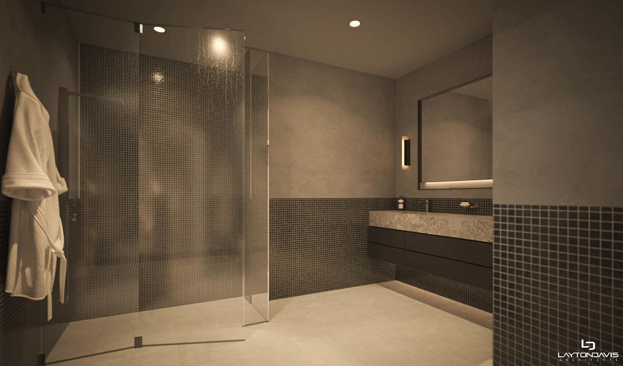 Full bathroom with walk in shower, vanity, recessed lighting, wainscoting, and tile walls