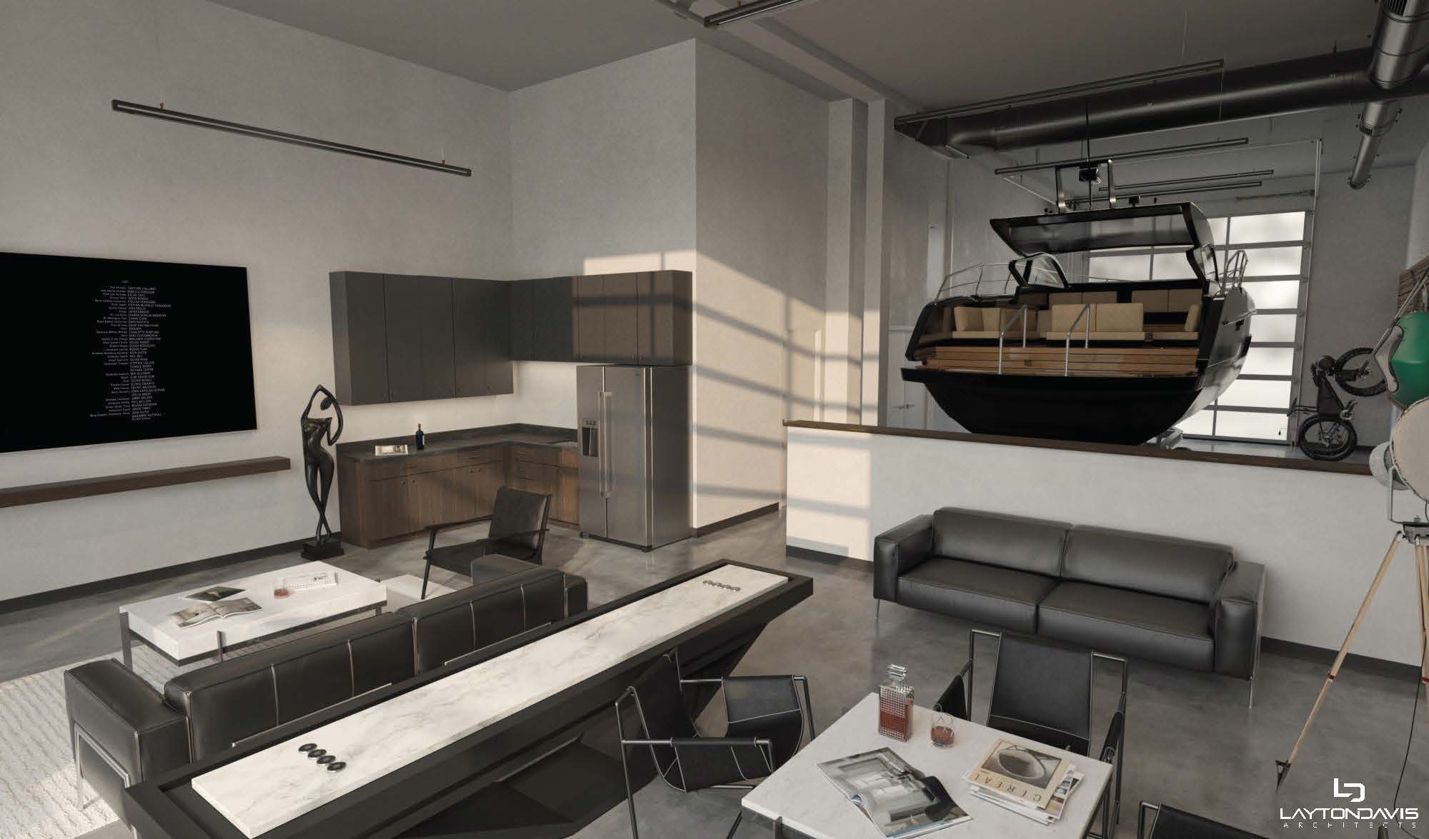 Living area featuring concrete flooring