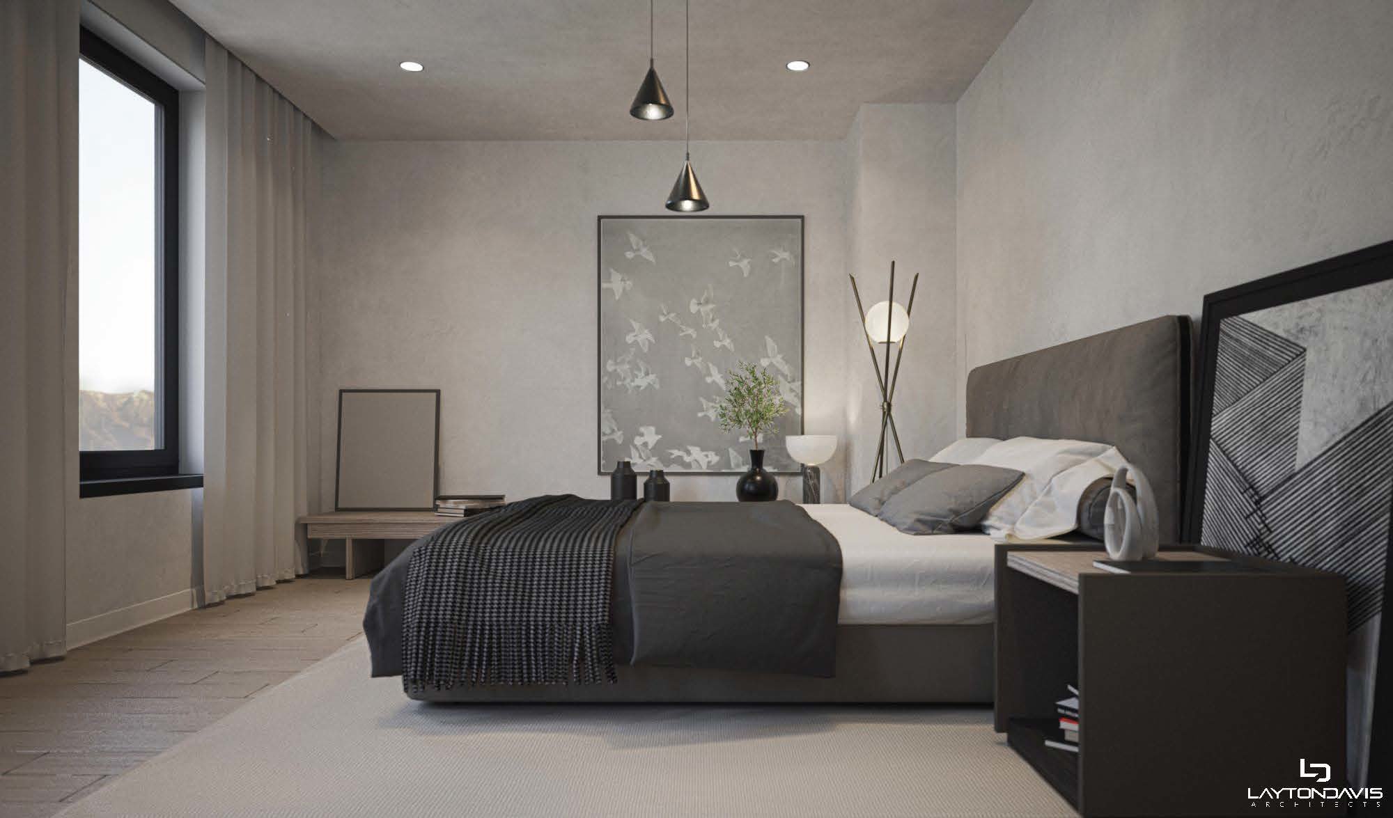 Bedroom with hardwood / wood-style floors and recessed lighting