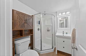 Full bath with vanity, a stall shower, and light wood finished floors