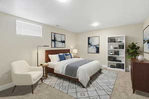 Downstairs Bedroom with light carpet