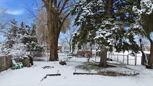 View of yard covered in snow