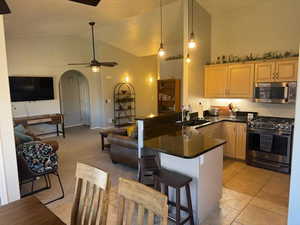 Kitchen with stainless steel appliances, open floor plan, arched walkways, high vaulted ceiling, and a peninsula
