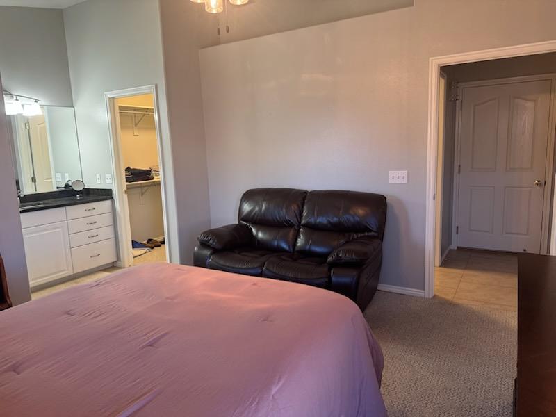 Bedroom featuring a spacious closet and light carpet