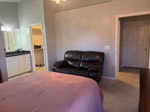 Bedroom featuring a spacious closet and light carpet