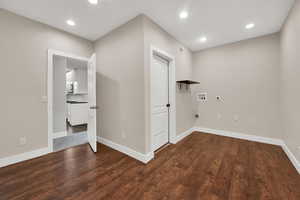 Laundry room with recessed lighting, dark wood-style floors, washer hookup, electric dryer hookup, and gas dryer hookup