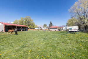 View of yard with an outbuilding and a pole building