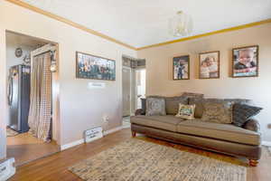 Living room featuring ornamental molding, wood finished floors, and a textured ceiling