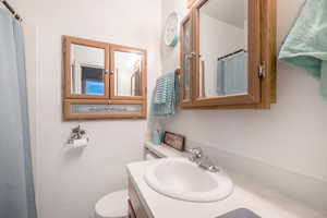 Bathroom featuring curtained shower and vanity
