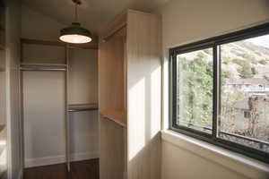 Walk in closet featuring dark wood finished floors