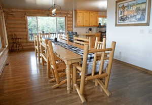 Dining space with dark wood-type flooring, log walls, and a chandelier