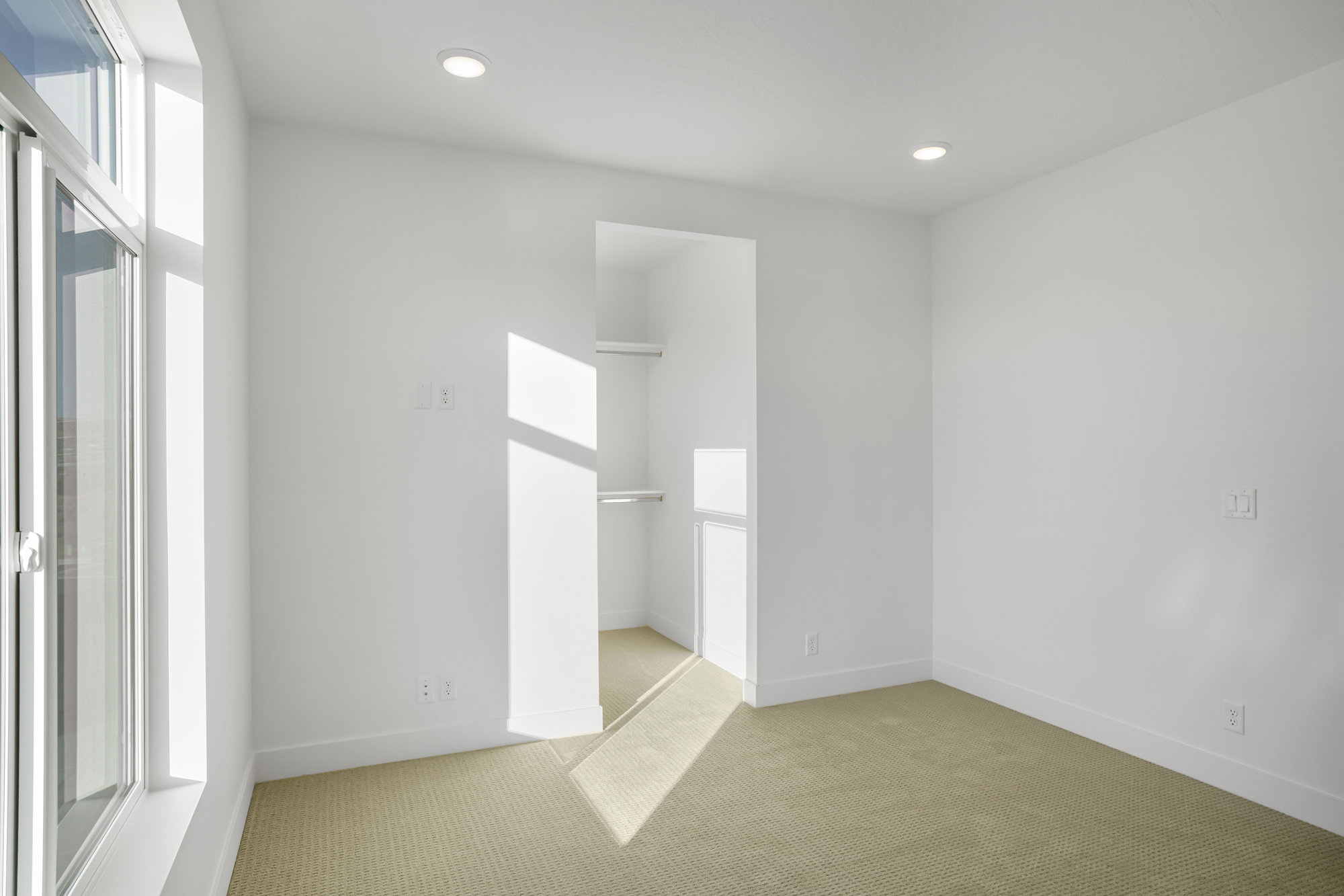Carpeted room featuring a built-in closet with shelving and hanging rods