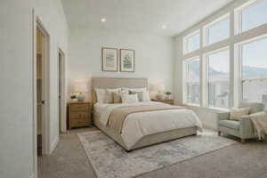 Carpeted bedroom with baseboards and recessed lighting