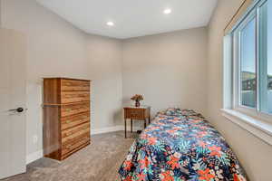 Carpeted bedroom featuring baseboards and recessed lighting