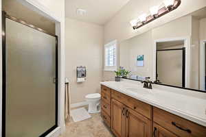 Full bathroom with vanity and a shower stall