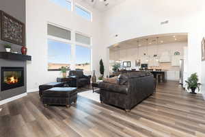 Living room featuring healthy amount of natural light, dark wood-type flooring, a glass covered fireplace, a high ceiling, and arched walkways
