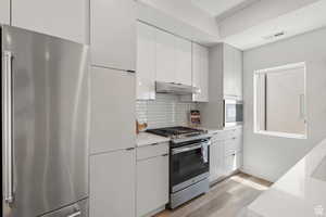 Kitchen with stainless steel appliances, light wood finished floors, modern cabinets, and white cabinetry