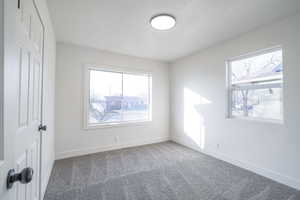 Unfurnished bedroom featuring carpet floors and a textured ceiling