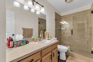 Bathroom with newly finished vanity and tiled walk in shower