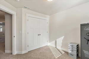 Bedroom featuring carpet flooring, a closet, and a textured ceiling
