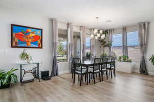 Dining space with light wood finished floors, a chandelier, and healthy amount of natural light