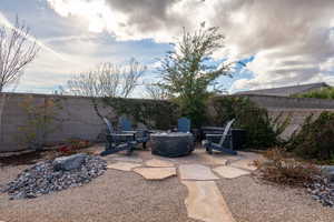 Fenced backyard with a patio area and an outdoor fire pit