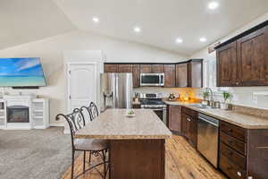 Kitchen featuring dark brown cabinetry, a kitchen breakfast bar, vaulted ceiling, stainless steel appliances, and a center island