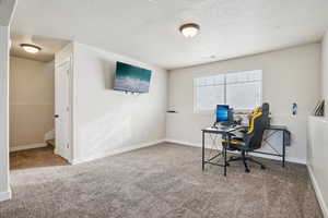 Home office featuring light colored carpet and a textured ceiling