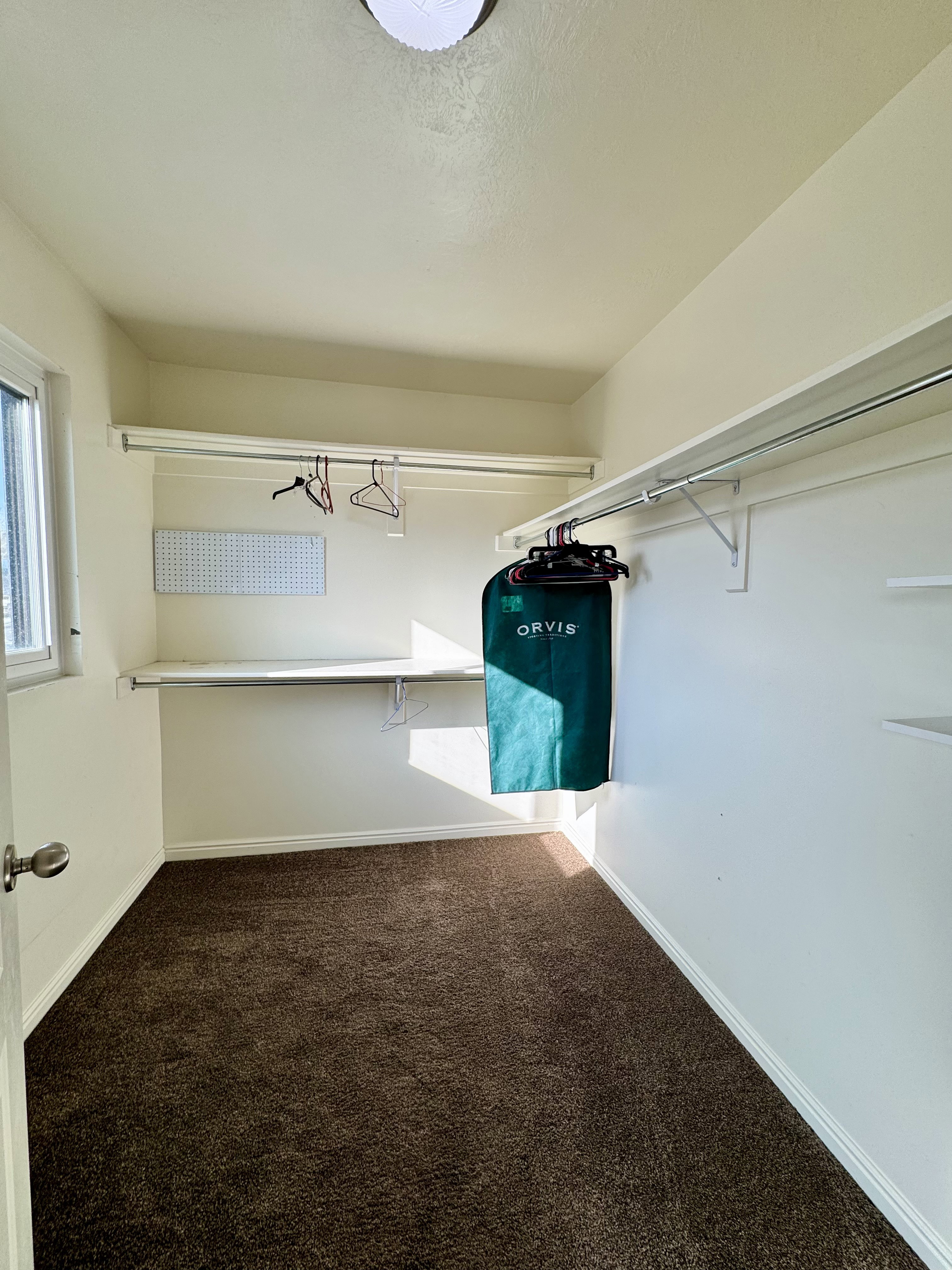Owners/Master Bedroom Walk in closet with dark colored carpet