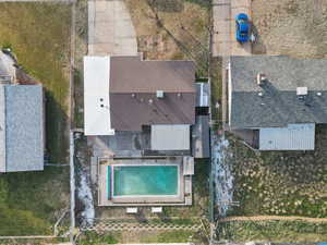View from above of property with a pool area