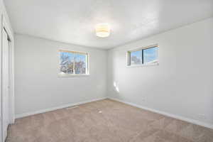 Unfurnished bedroom featuring a closet, multiple windows, carpet, and a textured ceiling
